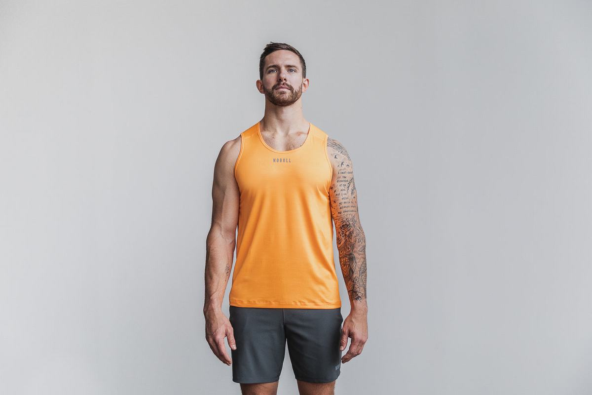 Nobull Lightweight Textured Neon Men\'s Tank Tops Orange Camo | Australia (BS8670)